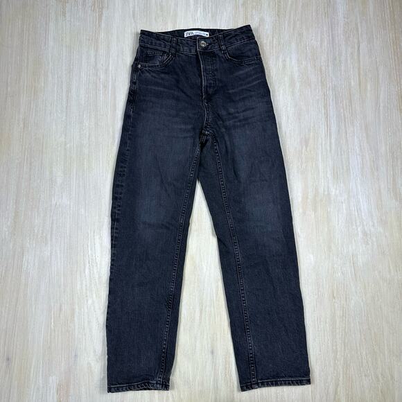 Zara Black Dark Wash Wide Leg High Rise Button Fly Denim Casual Trendy Jeans 0 - Picture 1 of 14